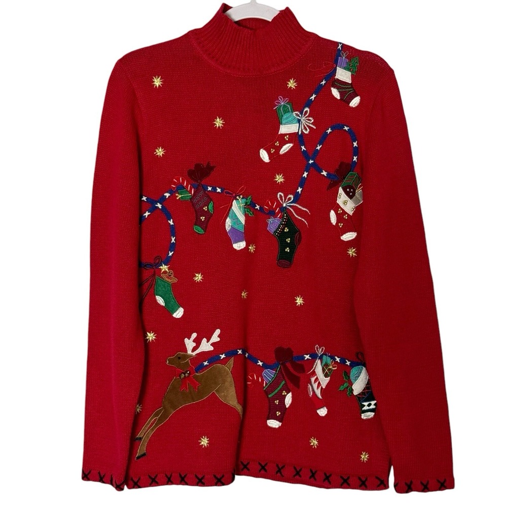 VTG Basic Editions Christmas Sweater Button Up Cardigan Embroidered Size Small